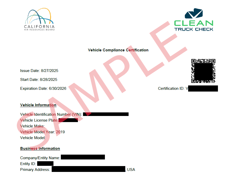 California Air Resources Board ARB Compliance Certificate for Heavy-Duty Trucks and Refrigerated Trailers